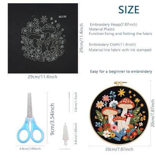 Zhenqing Enchanted Mushroom Garden Embroidery Kit for Beginners - Complete Set with 29x29cm Black Cotton Fabric, Hoop, Thread & Tools(C0138)