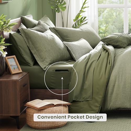 Monbix Queen Comforter Set - 7 Pieces Cationic Dyeing Sage Green Bed in a Bag Queen Bedding Sets with Comforter, Sheets, Pillowcases & Shams, Reversible Bedding Comforters Sets Monbix
