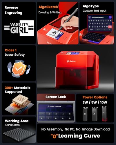 AlgoLaser 5W Laser Engraver Machine: Portable & Smart with 3.5" Touch Screen, Hand Drawing/Wireless/SD Card/Offline Engraving, AlgoOS Self Developed System for Wood, Acrylic, Leather AlgoLaser
