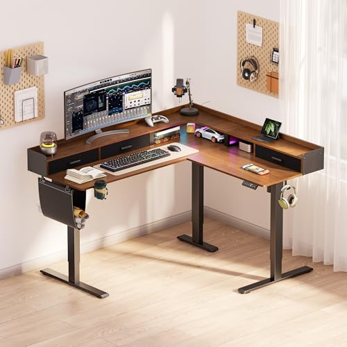 WALKINGDESK 63 Inches Height Adjustable L Shaped Standing Desk with 3 Drawers and Monitor Shelf, Electric Sit to Stand Home Office Comupter Table, Ergonomic Corner Gaming Desk, Black Walnut WALKINGDESK
