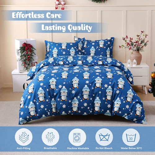 JSD Blue Penguin Snowflakes Kids Duvet Cover Set Twin Size, 2 Piece Printed Comforter Cover with Pillow Sham Zipper Closure, Comforter Not Included JSD