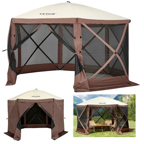 VEVOR Pop Up Gazebo Screen Tent, Pop-Up Instant Gazebo Tents with Mosquito Netting Outdoor Canopy, 6 Sided Sun Shelter 10x10ft with 6 Removable Wind Cloths & 2 Mesh Windows, Pavilion Tent for Patio VEVOR