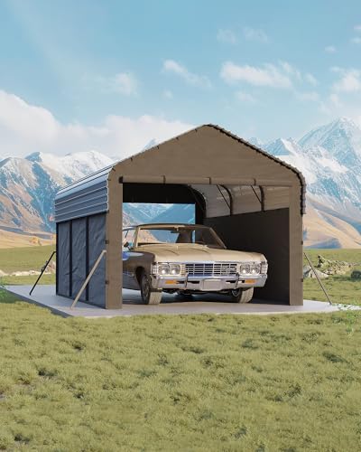 Garvee 10'X15'X9' Metal Carport, Enclosed Car Ports with Heavy Duty Steel Frame and 220 g Tarp, All-Weather Carport, for Sedans, Boats, and Tractors Garvee