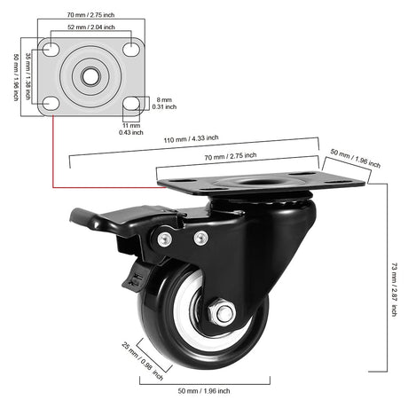 Caster Wheels, 2 inch Casters, Casters Set of 4 Heavy Duty - CLOATFET Locking Casters, Swivel Casters with Brake (Top Plate), Non Marking Black Castor Wheels for Cart Furniture Workbench CLOATFET