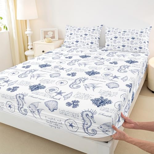 Coastal Sheet Set King Size,Seashell Conch Seahorse Starfish Coral Bedding Set 4Pcs,Ocean Beach Nautical Bed Sheet for Kids Teens Adult Room Decor,Navy White Fitted + Flat Sheet,2 Pillowcases Homewish