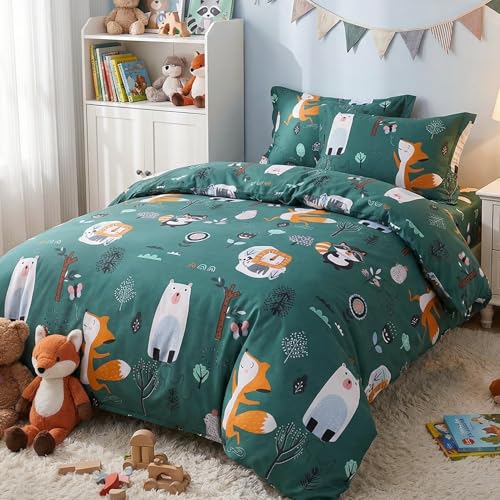 JSD Green Forest Animal Kids Duvet Cover Set Queen Size, 3 Piece Soft Printed Microfiber Comforter Cover with Pillow Sham Zipper Closure, Comforter Not Included JSD