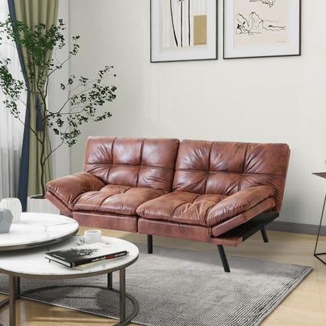 MUUEGM Faux Leather Futon Bed, Convertible Memory Foam Sofa Bed, Modern Love Seat for Living Room,Compact Space,Apartment,Office,Adjustable Backrests Armrests Couch Sleeper,71" Sofas, Brown MUUEGM