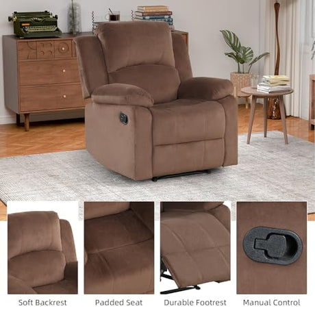 EBELLO Classic Manual Recliner Chair, Soft Microfiber Recliner Sofa with Overstuffed Arms and Back Single Reclining Couch for Living Room, Bedroom, Brown EBELLO