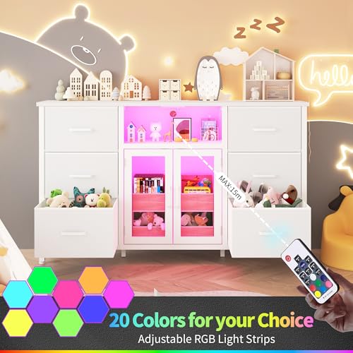 White Dresser for Bedroom Dresser TV Stand with Charging Station for 60" TV 6 Drawer Dresser Entertainment Center with LED Long Fabric Bedroom Dresser Organizer Unit Tall Chest of Drawers for Kids FFBCFDK