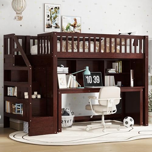 Harper & Bright Designs Twin Size Loft Bed with Stairs, Solid Wood Loft Bed with Movable Desk, Featuring Storage Stairs and Storage Shelf, for Teens Adults (Espresso) Harper & Bright Designs