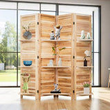 FDW 4 Panel Room Divider Folding Privacy Wooden Screen with Three Clever Shelf Portable Partition Wood Divider for Home Office, Natural Wood FDW