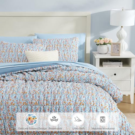 BLOOMHAVEN Queen Comforter Set - 7 Pieces Blue Classic Puff Floral Bedding Sets for All Seasons, Shabby Chic Farmhouse Bed in a Bag Queen with Wildflowers Fluffy Comforter, Sheets, Pillowcases & Shams BLOOMHAVEN