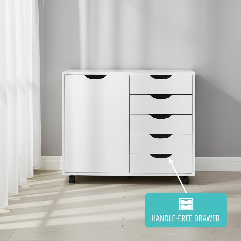 5-Drawer Dresser with 2-Shelf Cabinet, White, Smart Storage, Streamlined with Adjustable Dividers, Lockable Casters & Smooth Slides; Multi-Use Rolling Storage for Office, Craft Room, Bedroom Naomi Home