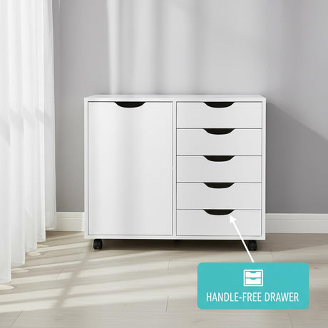 5-Drawer Dresser with 2-Shelf Cabinet, White, Smart Storage, Streamlined with Adjustable Dividers, Lockable Casters & Smooth Slides; Multi-Use Rolling Storage for Office, Craft Room, Bedroom Naomi Home