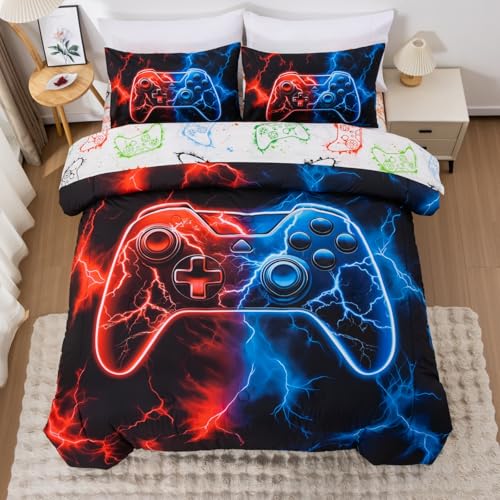 Meeting Story Full Size Bed in A Bag 5 Pieces Gaming Bedding Set for Boys RedBlue Gamer Comforter with Sheet Set for Kids Teen Cool Video Game Black Quilt Bedding Set(RedBlue) Meeting Story