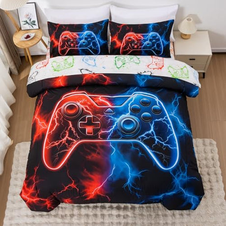 Meeting Story Full Size Bed in A Bag 5 Pieces Gaming Bedding Set for Boys RedBlue Gamer Comforter with Sheet Set for Kids Teen Cool Video Game Black Quilt Bedding Set(RedBlue) Meeting Story