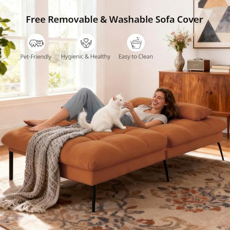 COMHOMA Convertible Sofa Bed,68″Fabric Couch with Adjustable Backrest,Loveseat Recliner Sleeper Living Room Furniture futon Set,Orange COMHOMA