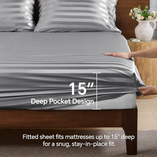 BEDELITE Satin Sheets Queen Size, Luxury Jacquard Striped Dark Grey Bedsheets with Elastic Corner Straps, Similar to Silk Sheets Set 4 PC with 1 Deep Pocket Fitted Sheet, 1 Flat Sheet, & 2 Pillowcases BEDELITE