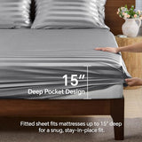 BEDELITE Satin Sheets Queen Size, Luxury Jacquard Striped Dark Grey Bedsheets with Elastic Corner Straps, Similar to Silk Sheets Set 4 PC with 1 Deep Pocket Fitted Sheet, 1 Flat Sheet, & 2 Pillowcases BEDELITE