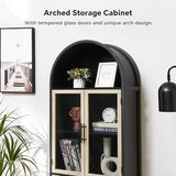 HUSHEDIFY Arched Storage Cabinet with Glass Doors & Shelves, 5-Tier Farmhouse Bookcase Bookshelf Tall Floor Curved Hutch Storage Cabinet for Living/Dining/Office - Oak&Black HUSHEDIFY