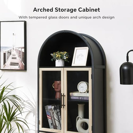 HUSHEDIFY Arched Storage Cabinet with Glass Doors & Shelves, 5-Tier Farmhouse Bookcase Bookshelf Tall Floor Curved Hutch Storage Cabinet for Living/Dining/Office - Oak&Black HUSHEDIFY