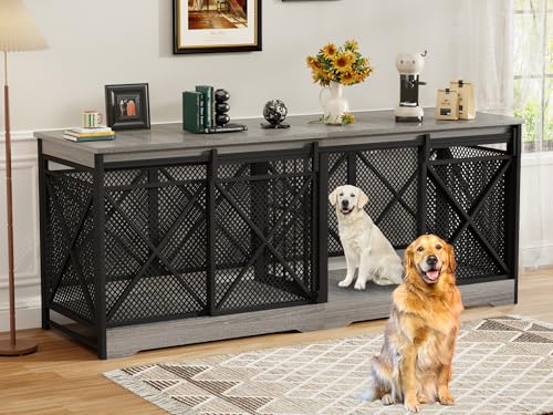 COZPAW 78 Inch Double Dog Crate Furniture, Extra Large Dog Kennel Indoor for Medium Large 2 Dogs, Heavy Duty Dog Cage Chew-Resistant Steel and Wooden Pet House with Removable Divider (Grey) COZPAW