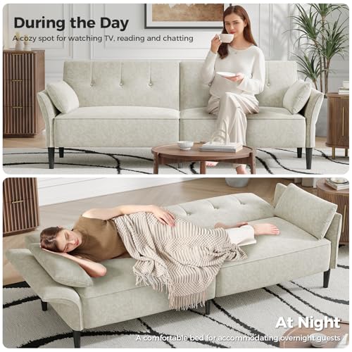 COPIAE 89” Futon Sofa Bed, Comfy Futon Couch Bed with 2 Square Pillows,Convertible Sleeper Sofa with Adjustable Backrest& Armrests, Modern Loveseat Sleeper for Living Room,Velvet Fabric White COPIAE