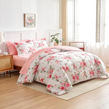 Flower Comforter Sheet Set White Bed in a Bag 7 Pieces Cal King Size Dark Pink Floral Bedding Set (1 California King Comforter 2 Pillow Shams 1 White Flat Sheet 1 Fitted Sheet 2 Pillowcases) UOZZI BEDDING