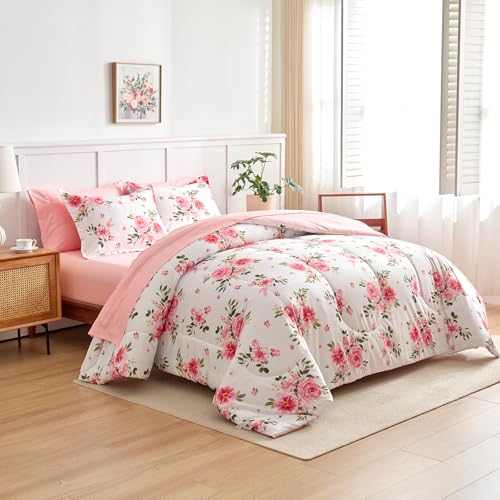 Flower Comforter Sheet Set White Bed in a Bag 6 Pieces Twin Size Dark Pink Floral Microfiber Bedding Set (1 Comforter 2 Pillow Shams 1 Pink Flat Sheet 1 Fitted Sheet 1 Pillowcases) UOZZI BEDDING