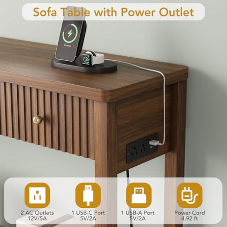 47 Inch Fluted Console Table with Outlets and USB-C Port, Mid Century Modern Sofa Table with 3 Drawers and Open Shelf, Entryway Table with Charging Station for Behind Couch, Hallway, Foyer, Walnut Decofy