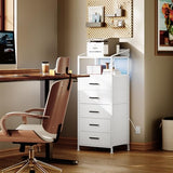 EKNKOZY Nightstand 5 Drawer Dresser with LED Lights and Charging Station, Vertical Side Table with Fabric Drawers, End Table with Open Shelf, Tall Dresser for Bedroom, Hallway, Entryway, White EKNKOZY