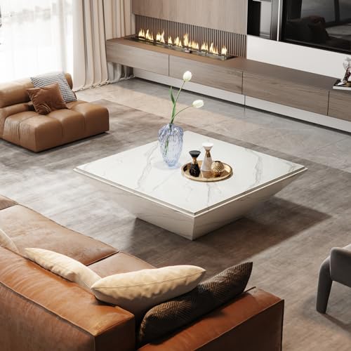Tribesigns Coffee Table, 35.43-Inch Square Coffee Table with Faux Marble Tabletop, Modern Center Table for Living Room, Large Engineered Wood Cocktail Table, White Tribesigns