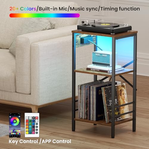 Asgolion Record Player Stand with Charging Station, 3-Tier End Table with LED Light, Side Table Nightstand for Vinyl Storage,Tall Beside Tables Turntable Stand Living Room, Bedroom, Rustic Brown Asgolion