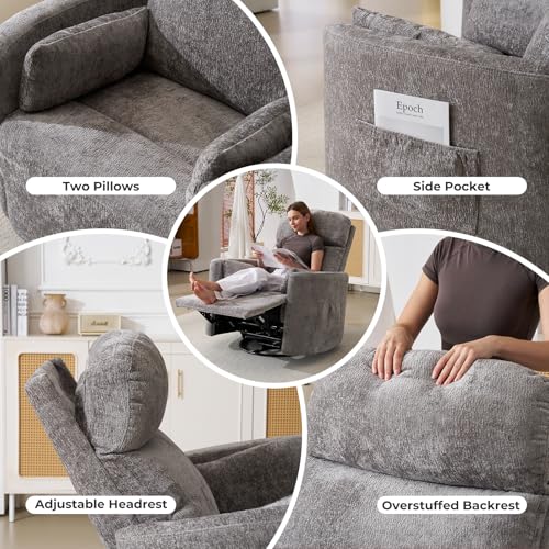 Oversized Swivel Rocker Recliner with Massage and Heat, Swivel Nursery Recliner With Adjustable Headrest, Manual Rocker Recliner Chair with Two Removable Pillows, Rocking Nursery Chair, Dark Grey