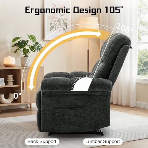 Korser Recliner Chair, Living Room Recliner Chairs for Adults, Small Recliners for Small Spaces, Upholstered Manual Recliner with Side Pockets, Modern Nursery Chair for Living Room, Chenille, Black