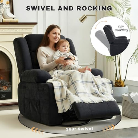 GAOHAPPY Swivel Rocker Recliner Chair, Manual Recliner Single Sofa with Cup Holders and Side Pocket, Chenille Fabric, Upholstered Nursery Rocking Chair for Living Room, Bedroom, Black GAOHAPY