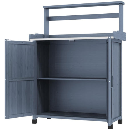 CIPACHO Outdoor Potting Bench with Storage Cabinet, Solid Fir Wood Potting Table with Storage Shelf & Galvanized Tabletop, Garden Table Work Bench Station Planting for Patio Backyard (Grey) CIPACHO