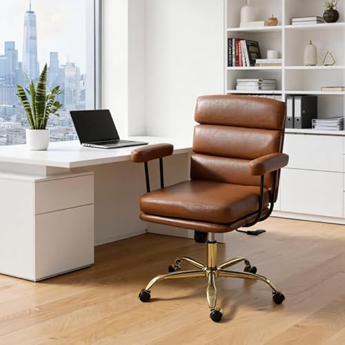 WENTUM Leather Office Chair with Wheels,Ergonomic Swivel Rolling Task Chair,Padded Seat and Armrests,Adjustable Height Home Desk Chair,Executive Computer Chair, Gold Base Makeup Vanity Chair,Brown WENTUM