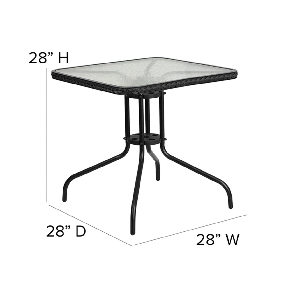 Flash Furniture Barker 28'' Square Tempered Glass Metal Table with Black Rattan Edging Flash Furniture