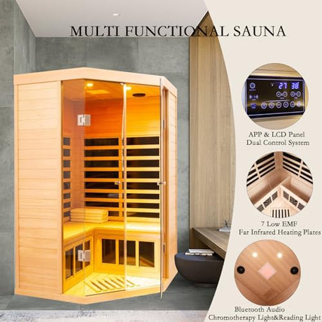 2-3 Person Low EMF FAR Infrared Sauna, Hemlock 2 Door Luxury Toughened Glass Indoor Saunas for The Home, 1520w, App & LCD Panel Control, Bluetooth Speakers, Chromotherapy Lights, Reading Lights KUNSANA