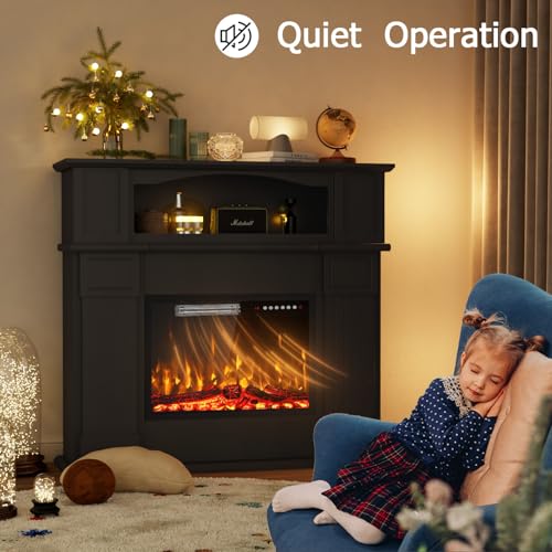 PRETZI 43" Electric Fireplace with Mantel, Wooden Black Electric Fireplace Surround with Mantel, Freestanding Faux 23" Fireplace Insert for Living Room with Remote Control, Adjustment 3D Led Flame PRETZI