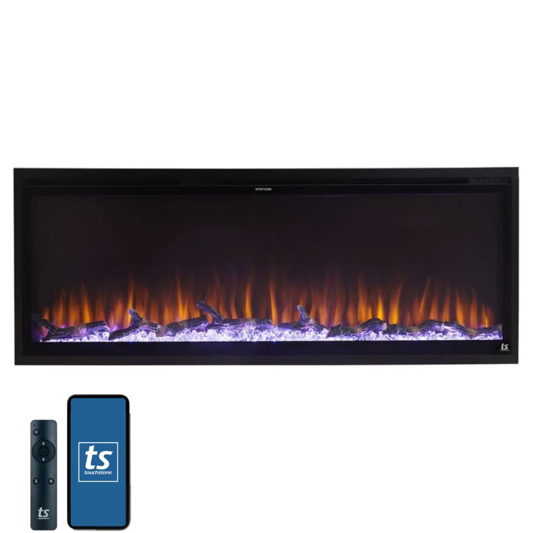 Touchstone Sideline Elite Smart 50” WiFi-Enabled Electric Fireplace - in-Wall Recessed - 60 Color Combinations - 1500/750 Watt Heater (68-88°F Thermostat) - Black - Log, Crystals & Driftwood - 80036