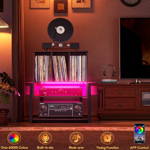 Homieasy Record Player Stand with Vinyl Storage Cabinet, 22" Record Player Table Up to 200 Albums, Large Wood Turntable Stand with Record Album Holder with Charging Station & LED Light, Espresso Homieasy