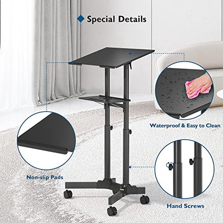 BONTEC Lecterns & Podiums Portable Mobile Standing Laptop Desk, Height Adjustable, Sit Stand, Home Office Classroom Pulpit Stand Up Desk Workstation, Rolling Table Laptop Cart with Storage Tray BONTEC