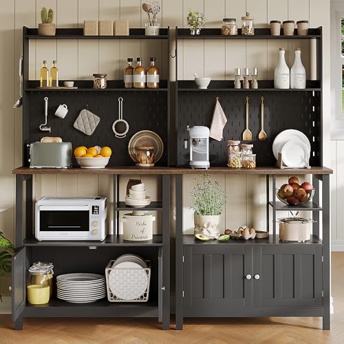ChooChoo Pantry Cabinet with Charging Station, Kitchen Storage Cabinet with Microwave Stand, Farmhouse Kitchen Hutch with Storage for Living Room， Dining Room, Black & Espresso ChooChoo