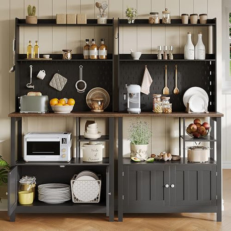 ChooChoo Pantry Cabinet with Charging Station, Kitchen Storage Cabinet with Microwave Stand, Farmhouse Kitchen Hutch with Storage for Living Room， Dining Room, Black & Espresso ChooChoo