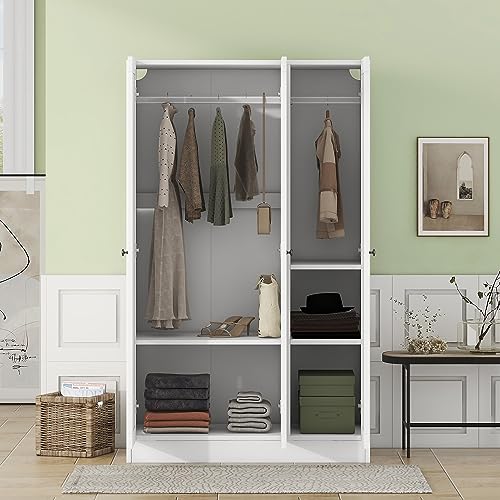 Merax 3 Doors Wardrobe Cabinet Closet with Storage Shelves and Hanging Rail for Clothes, Bedroom Organizer, White - WoodArtSupply