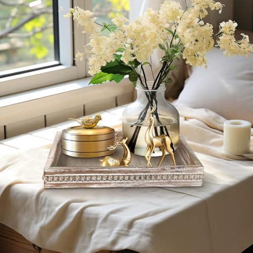 MAONAME Wood Decorative Tray, Farmhouse Wooden Tray for Coffee Table, Rustic Square Tray with Beads, Washed White Serving Tray for Living Room, Kitchen, 12" X 12" X 1.6" MAONAME