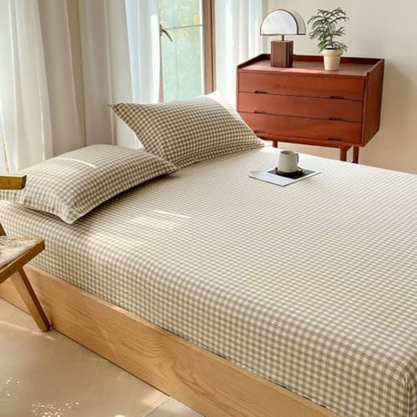 Tan Gingham Fitted Sheet Queen 100% Washed Cotton Taupe Plaid Queen Bed Sheet Grid Single Bottom Sheet with 15" Deep Pocket Gingham Bedding Grid Sheet 1 Piece Cotton Breathable Mattress Cover LifeTB