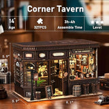 Corner Tavern Book Nook Kit, 3D Wooden Puzzle DIY Miniature House with Warm LED Light, Aesthetic Bookshelf Insert Decor for Adults & Teens